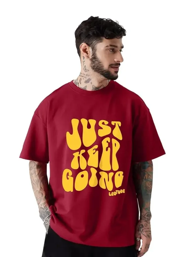 Men's Oversized Cotton blend Half Sleeve Printed Regular Fit T-shirt, Maroon, loose fit - Image 3