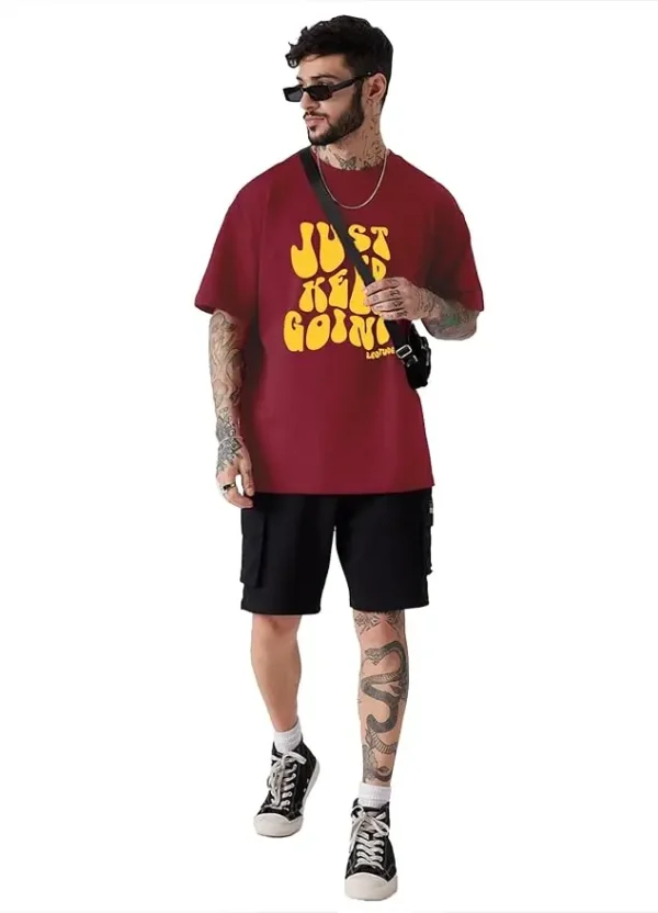 Men's Oversized Cotton blend Half Sleeve Printed Regular Fit T-shirt, Maroon, loose fit