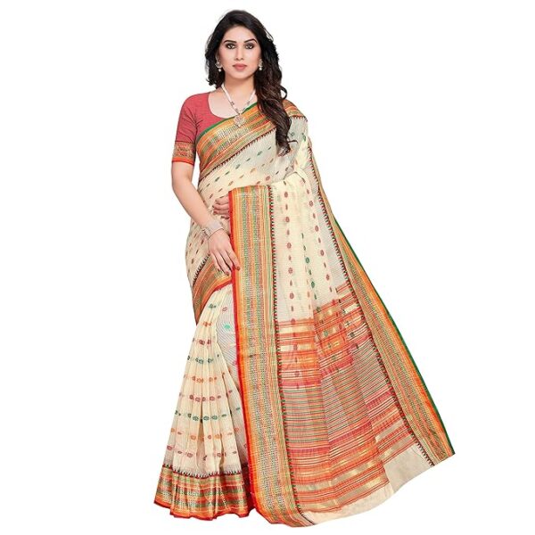 Women's Kota Doria Cotton Manipuri Saree With Unstitched Blouse Piece, off white with red border