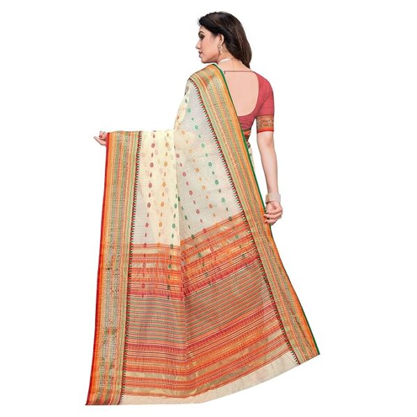 Women's Kota Doria Cotton Manipuri Saree With Unstitched Blouse Piece, off white with red border - Image 2